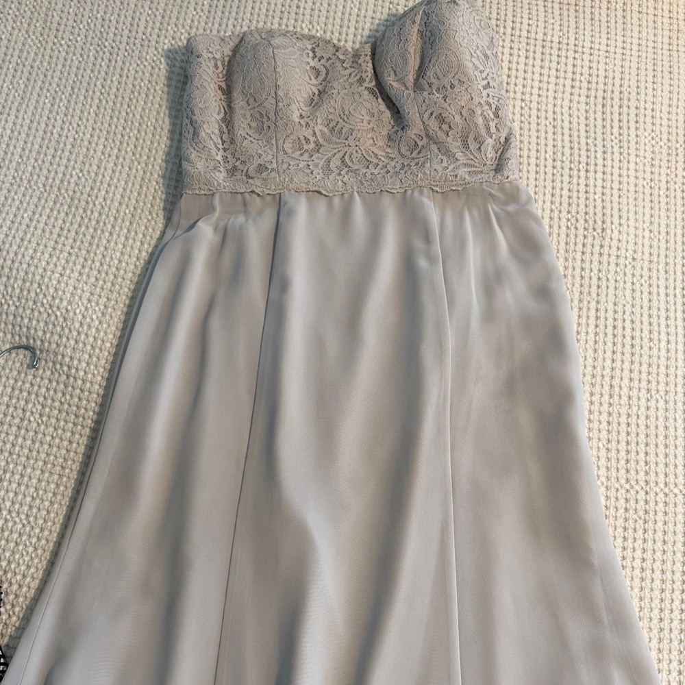 Social Bridesmaids Strapless Lace Dress in Taupe